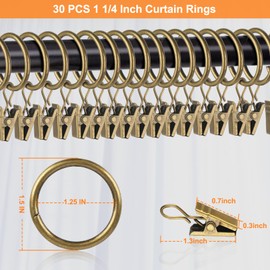 hanitronic 30 PCS Antique Brass Clips Curtain Hooks for Curtain Rod, This Small Drapery Curtain Ring with Clips Hook Fit Up to 0.75~1.0 -inch Drapery Panel (1 1/4-Inch Inner Diameter)