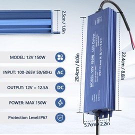 SUCIKORIO 12V 150W LED Driver Waterproof IP67, Ultra Slim LED Transformer 110V AC to 12V DC 12.5A 150 Watt Quiet Low Volt Converter LEDs Power Supply Constant Voltage for LEDs Strip, Indoor & Outdoor