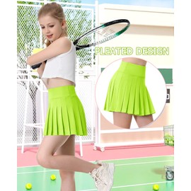 QooNoo Girls Skorts Pleated Tennis Skirts for Girls Athletic Toddler High Waist Activewear Flowy Kids Golf Cheer Skirts with Pockets(Neon Green,Medium)