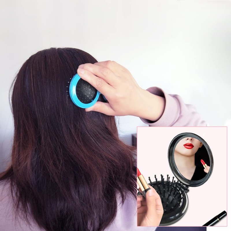 Folding Hair Brush with Mirror for Purse/Pocket,Round Mini Compact Massage