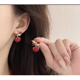 Unbranded Red Heart And Golden Bow With Pearls Drop Earrings Mother’s Day Gift NWT