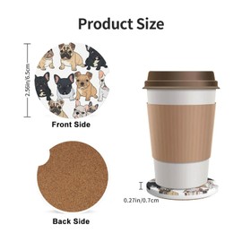 Buyidec Cartoon French Bulldog Dogs Absorbent Car Coasters 2 Pack Cup Holders, 2.56" Ceramic Stone & Non-Scratch Cork Base Drink Coasters Cute Car Assecories for Women Men