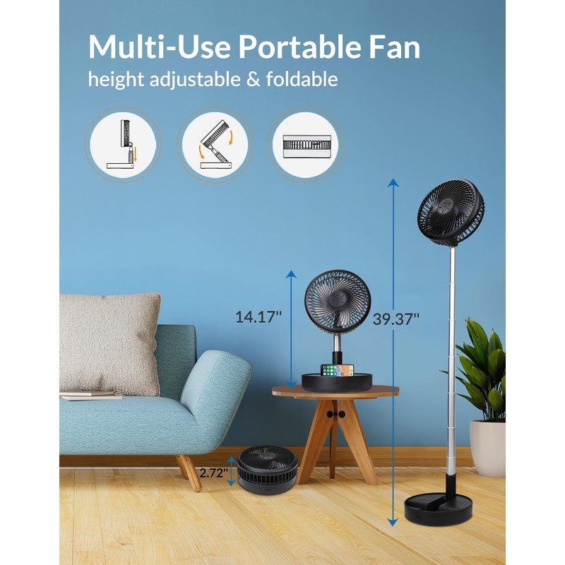Primevolve Battery Operated Fan,Portable Rechargeable USB Floor Table Desk Fan