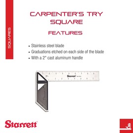 Starrett Carpenter's Try Square with Etched Graduations - 8" Stainless Blade, 2" Cast Aluminum Handle, 1/8" Blade Graduations - K53-8-N