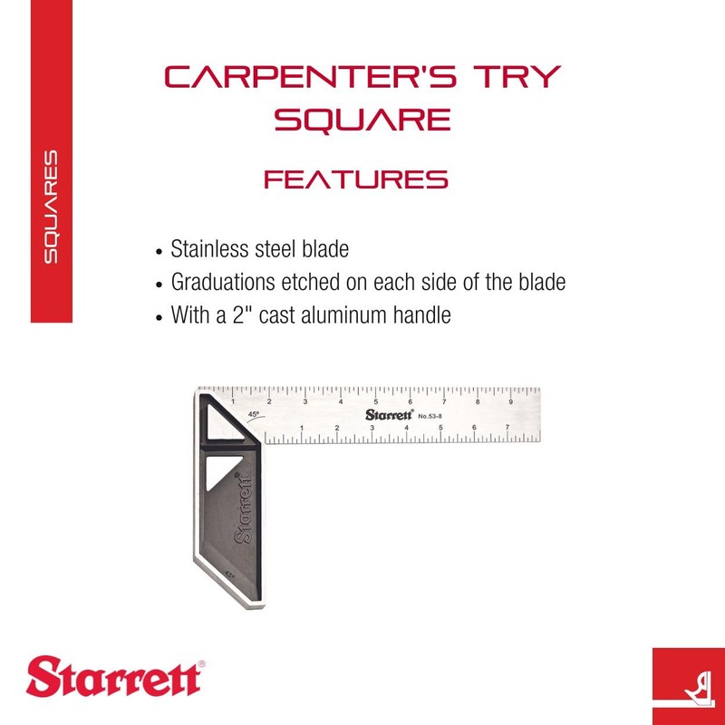 Starrett Carpenter's Try Square with Etched Graduations - 8" Stainless