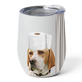 Funny Orange White English Pointer Tumbler 12oz - Stainless Steel Insulated Travel Mug with Lid - Adorable Pet with Toilet Paper Design Gift Idea for Dog Owner & Puppy Lover