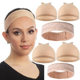 koskusder Beige 4 Pcs Stocking Wig Caps with 2 Pcs Wig Grip Bands Non-slip Scarf Adjustable Grip Bands for Women Nylon Stocking Mesh Dome Wig Caps Head Nets