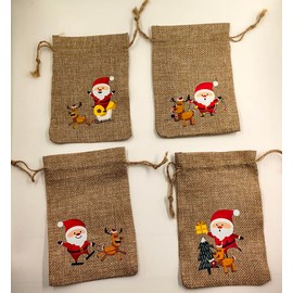 Christmas Linen Bags with Drawstrings Christmas Burlap Gift Bags, Jute Xmas Candy Bags Linen Treat Sacks Reusable Gift-Wrapping Bags Xmas Holiday Party Favors Bags 24 Pack