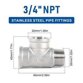 Kodilin Pipe Fittings 304 Stainless Steel Tee Pipe Fittings, Male Run Tee 3/4" NPT Female x 3/4" NPT Female x 3/4" NPT Male Thread Adapter - 4PCS