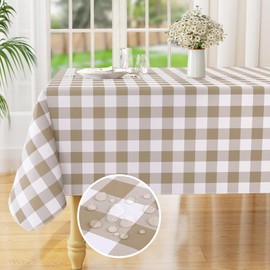 misaya Rectangle Waterproof Vinyl Table Cloth, Buffalo Flannel Backed Tablecloth, Wipeable Plastic Table Cover for Dinner, Kitchen, Outdoor (60" x 60", Khaki and White)