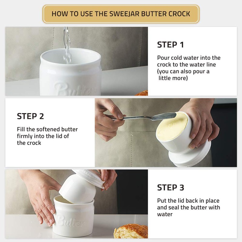Sweejar Porcelain Butter Keeper Crock, French Dish With Water Line,