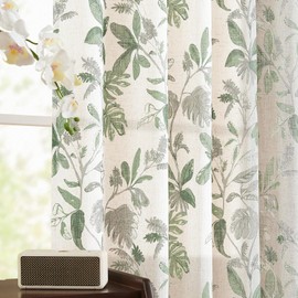 jinchan Linen Curtains for Living Room 84 Inches Length Tropical Leaf Print Botanical Flax Farmhouse Country Curtains Rod Pocket Light Filtering Window Treatment Drapes Set 2 Panels Green