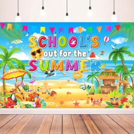Tudomro School's Out for the Summer Banner Backdrop Large End of School Year Background Backdrop Photo Props for Summer Tropical Hawaiian Pool Beach Party Decoration Supplies (71 x 43 inch)