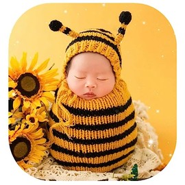 Newborn Bee Photoshoot Outfit - Crochet Photography Props, Baby Photo Knitted Outfit, Handmade Honey Bee (Yellow and Black - A)
