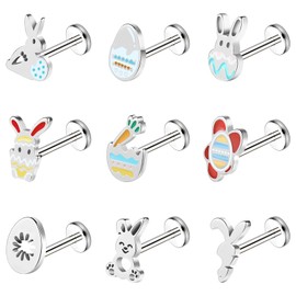 BodyAce 16G Easter Labret Studs Lip Rings, Stainless Steel Flat Back Cartilage Earrings for Women, Cute Tragus Piercings Easter Eggs Bunny Medusa Jewelry [BL:8mm;]