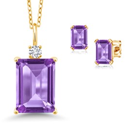 18K Yellow Gold Plated Silver Purple Amethyst and White Moissanite Pendant Necklace Earrings Set For Women (7.39 Cttw, Gemstone February Birthstone, Emerald Cut 14X10MM and 6X4MM, with 18 Inch Chain)