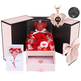 Birthady Gifts for Women Preserved Roses with Heart Necklace Fresh Flowers for delivery Prime Forever Flowers Box for Women Birthady Gifts for Mom Grandma Wife Her from Daughter