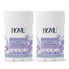 Homu | 2 Piezas Desodorante Natural en Barra Lavanda Silvestre Sensitive - Fórmula para pieles sensibles (sin Bicarbonato de sodio) - Cont. 55 grs. Por pieza (Lavanda Silvestre Sensitive, 2)