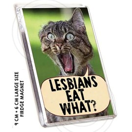 LESBIANS EAT WHAT! FUNNY FRIDGE MAGNET! Novelty Magnet Jumbo size.