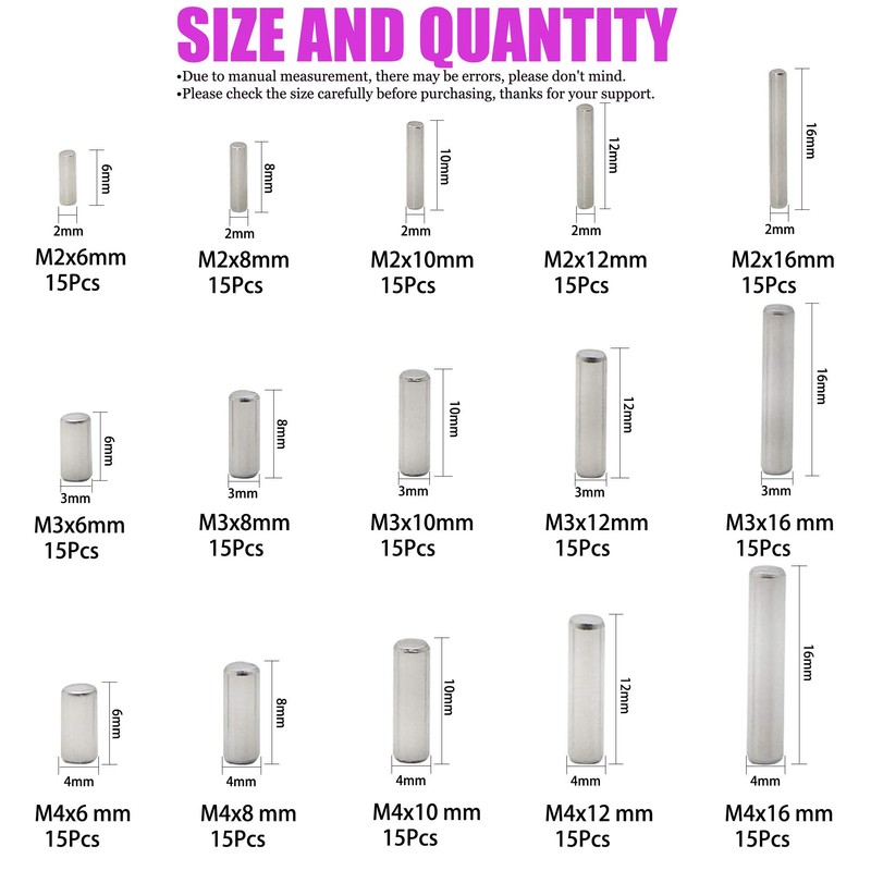 225Pcs M2 M3 M4 Stainless Steel Dowel Pins 15 Size
