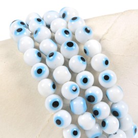 Justinstones White Evil Eye Glass 8mm Round Beads Stretch Bracelet 7 Inch Unisex