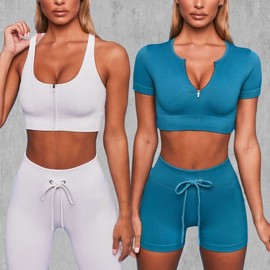 Cross-Border Yoga & Fitness Apparel: Zipper Sports Top, Quick-Dry Short Sleeve & Shorts Running Gray Long Sleeve+L 3ea