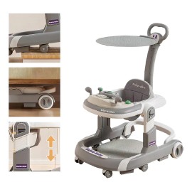 Andadera Musical Bebé Juguetes Interactiva Plegable Portátil Color Plateado Altura Ajustable Con Sonido Luces Reclinable Parasol Barra de Empuje Cojín Ergonómico Seguridad 3 en 1 Antideslizante