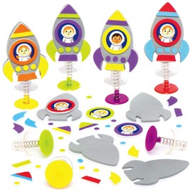 Baker Ross AX181 Space Rocket Jumping Toys, 8 Pieces Small Bang Toys with Funny Spaceman Characters for Crafts, Foam Stickers, Art Toys