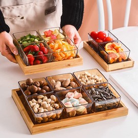 Kelendle 2 Compartment Glass Fruit Bowl with Wooden Tray Creative Snack Serving Tray Divided Serving Platter Reusable Ice Cream Cups Removable Salad Bowls for Snack Candy Nuts Desserts Transparent