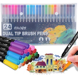 OEEYYT Colouring Pens Dual Tip Brush Pens 24 Colors for Adults Felt Tip Pens Watercolour Fineliner Pens Markers, for Drawing Calligraphy Colouring Books Sketching, for Adults and Kids