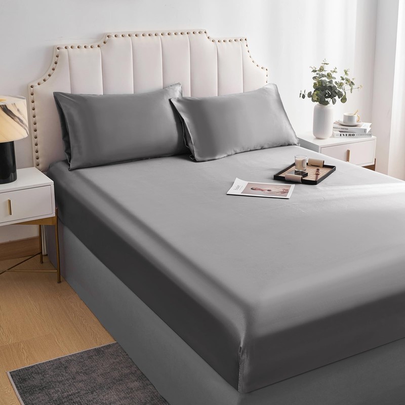 DuShow Satin Fitted Sheet King Dark Grey,Silky Deep Pocket Satin