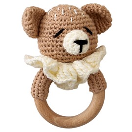 Wooden Baby Rattle，Crochet Bear Rattle with Wood Ring, Newborn Wooden Animal Rattle Toy，Infant Bear Wood Rattle Toys