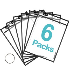SUNEE 6 Packs Oversized Reusable Dry Erase Pocket Sleeves with Ring, Black 10x14 Ticket Holders, Clear Plastic Sheet Protectors, Teacher School Classroom Supplies