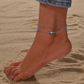 Vacaonio Boho Layered Bead Anklet Silver Seed Bead Anklet Foot Chain Blue Rice Bead Anklet Bracelet Adjustable Ball Chain Anklet Summer Beach Anklet Jewelry for Women