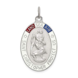 Solid 925 Sterling Silver / / Diamond-Cut Enamel St Christopher Brushed Matte Finish Pendant Charm Medal - 37mm x 20mm