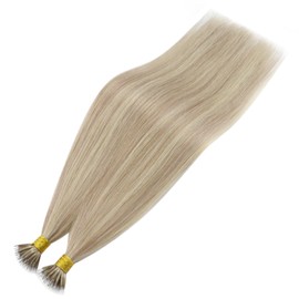 Sunny Hair Nano Beads Hair Extensions Invisible Nano Hair Extensions Human Hair Straight Nano Tip Hair Nano Ring Hair Extensions 50G/50S Warm Ash Blonde Highlight Bleach Blonde 20inch