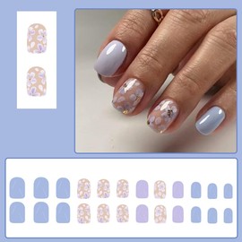 24 Pcs Summer Press on Nails Short Square, ZIFANHU Light Blue Purple Fake Nails Press ons Acrylic Nail Kit Glossy Glue on Nails Full Cover False Nails Flowers Stick on Nails for Women Girls Manicure