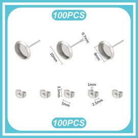 UNICRAFTALE 200pcs Flat Round 304 Stainless Steel Stud Earring Cabochon Setting Post Blank Ear Stud 8mm Tray with 100 psc Butterfly Friction Ear Nuts for DIY Earring Jewelry Making