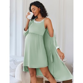 Ekouaer Women Lace Maternity Nursing Gown and 3/4 Sleeve Robe Set Double Layer Breastfeeding Nightgown Slip Dress & Bathrobe Light Green L