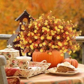 MACTING 12 Bundles Artificial Fall Flowers Outdoor Fake Mums Autumn Plants for Outside Decoration UV Resistant Plastic Faux Flowers for Garden Window Porch Balcony Thanksgiving Decor