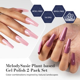 MelodySusie Fleurwee Plant Based Gel Nail Polish, 2 Pcs Hema Free Gel Polish Pink Purple and Glitter Pink Nail Polish 21 Non Toxic Long Lasting Nail Art Salon DIY Manicure at Home Gift for Women