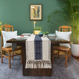 Karlesi Table Runner,Cotton and Natural Burlap Splicing Table Runner with Tassels,Hand Woven Natural Farmhouse Table Runner for Bohemian Wedding Home Kitchen Dining Table Decor, 12 x 72 Inch(Blue)
