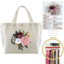 Turmaster Embroidery Set with Canvas Tote Bag, Embroidery Set for Beginners, Embroidery Set Adults with Floral Pattern, Embroidery Hoop, Threads and DIY Embroidery Tools, White