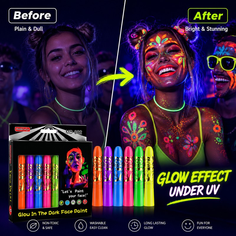 6-Color Glow Face & Body Paint Set for Parties –