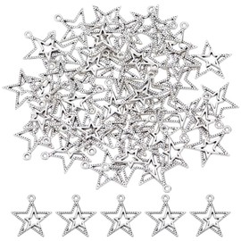 HOBBIESAY 100Pcs Double Star Charms 5 Point Star Metal Dangle Charm Bulk Hollow Tibetan Style Antique Silver Celestial Pendants for DIY Bracelets Earring Necklace Jewelry Making,Hole:1.5mm
