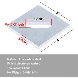 YIDU69Q 6 Pcs 3" x 3" Slotted Flat Square Plate Washer, Bearing Plates for 1/2" Anchor Bolts or Rods, 3 Gauge Galvanized Steel