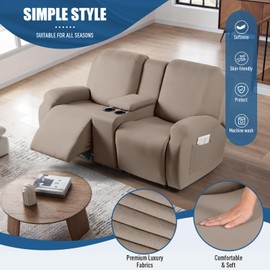 TAOCOCO Reclining Loveseat with Middle Console Slipcover, 4 Piece Polyester Fabric Stretch Loveseat Recliner Sofa Covers, Soft Washable Furniture Protector (Khaki, 2 Seater with Console Cover)