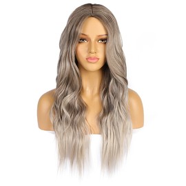 VEBONNY Brown Ombre, Ash Blonde Wig, Brown Ombre Wig, Long Hair, Glueless Wigs for Women, Synthetic Hair, Wavy Wig with Middle Part, Mixed Blonde Wigs, 24 Inches (61 cm), VEBONNY-142