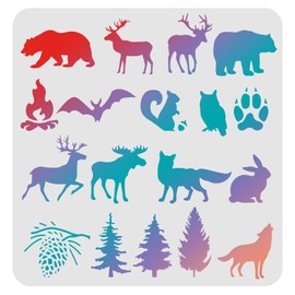 FINGERINSPIRE Animal Stencils Template 11.8x11.8inch Plastic Forest Animals Drawing Painting Stencils Bear, Deer, Wolf, Pine Pattern Reusable Stencils for Painting on Wood, Floor, Wall and Tile