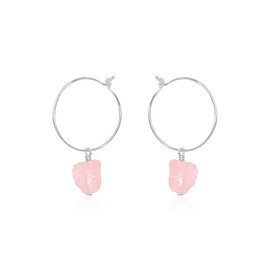 Rose Quartz Raw Nugget Hoop Earrings in Sterling Silver